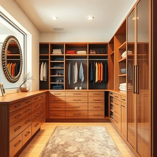 Beautiful custom walk-in closet in Riviera Beach FL with modern wood cabinetry, organized shelving, natural lighting, and coastal accents