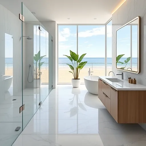 Renovated bathroom in Singer Island FL featuring a freestanding tub, glass shower doors, and ocean views.