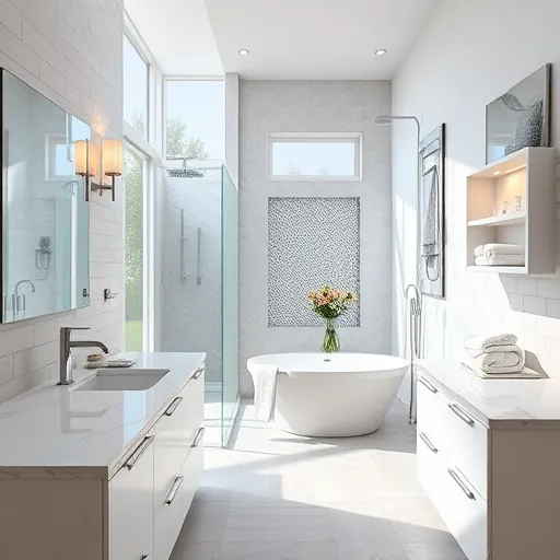 Remodeled Jupiter Florida bathroom with modern fixtures, neutral tones, marble countertops, walk-in shower, freestanding tub, mosaic accents, and natural light