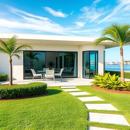 Modern home addition in Riviera Beach FL with glass and stucco exterior, landscaped tropical yard, and coastal water view