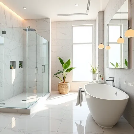 Renovated bathroom in Juno Ridge FL with modern fixtures, walk-in shower, freestanding tub, and coastal decor accents.