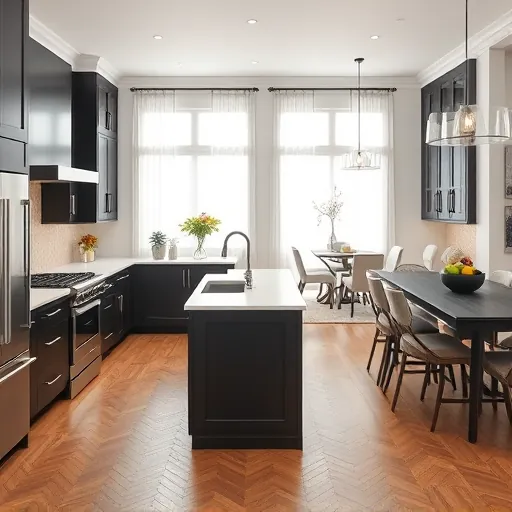 Modern kitchen remodel in Lake Clarke Shores, FL with dark cabinets, quartz island, and soft natural lighting.