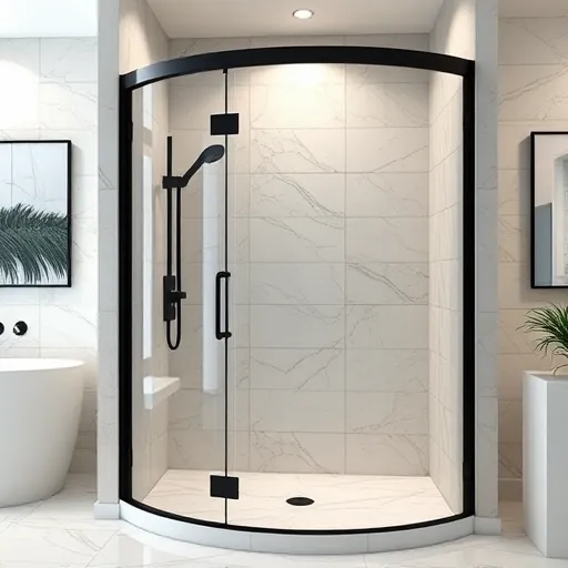 Completed modern shower installation in Riviera Beach FL with matte black fixtures glass panels and marble-like tiles