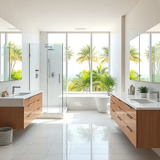 Beautiful modern bathroom remodeling in Singer Island FL with marble countertops glass shower and coastal blue accents