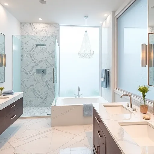 Remodeled bathroom in Gulf Stream FL with sleek fixtures, glass shower, freestanding tub, marble counters, and coastal decor.