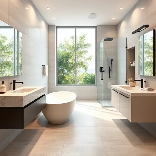 Remodeled Fort Pierce bathroom with modern matte black fixtures, freestanding tub, porcelain tiles, glass shower, marble vanity, and lush greenery outside