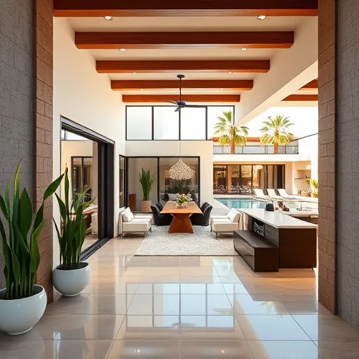 Remodeled Palm Springs entryway with modern architecture, large glass doors, lush plants, and a stylish interior.