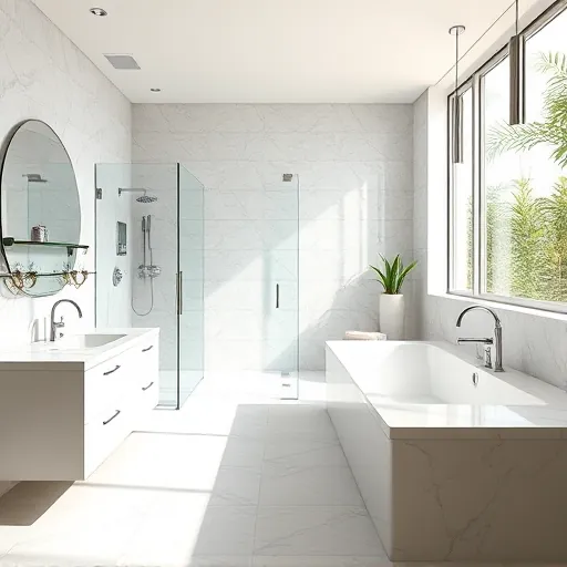 Renovated Greenacres FL bathroom featuring modern fixtures, a walk-in shower, freestanding tub, and stylish vanities.