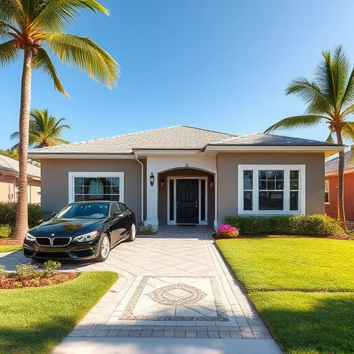 Freshly painted home in Riviera Beach Florida with taupe exterior, white trim, lush landscaping, palm trees, and sunny sky