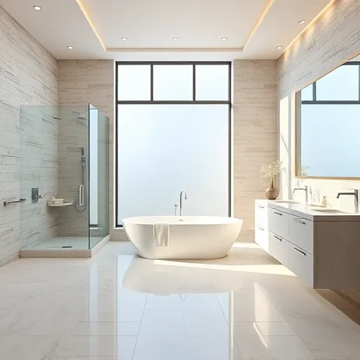 Modern spa-inspired bathroom in Royal Palm Beach featuring a freestanding tub, walk-in glass shower, marble tiles, and sleek fixtures