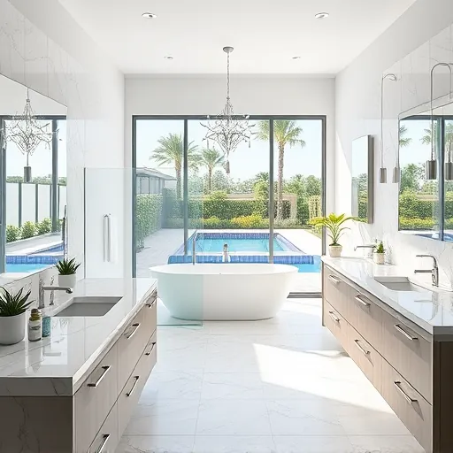Renovated Lake Clarke Shores bathroom with marble counters freestanding tub glass shower lush landscaping