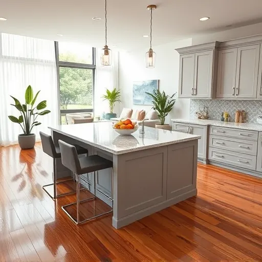 Stunning remodeled kitchen in Royal Palm Beach FL featuring quartz countertops, gray cabinetry, and hardwood flooring.