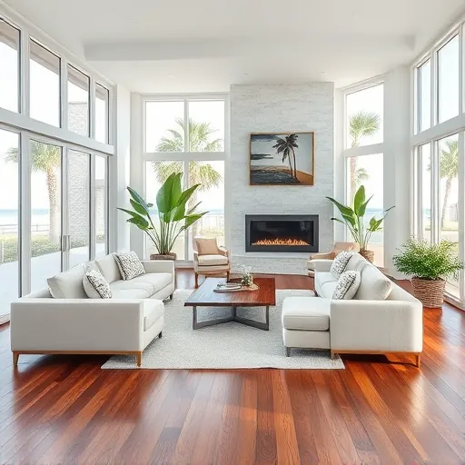 Modern coastal living room in Ocean Ridge, FL featuring large windows, elegant decor, and inviting fireplace.