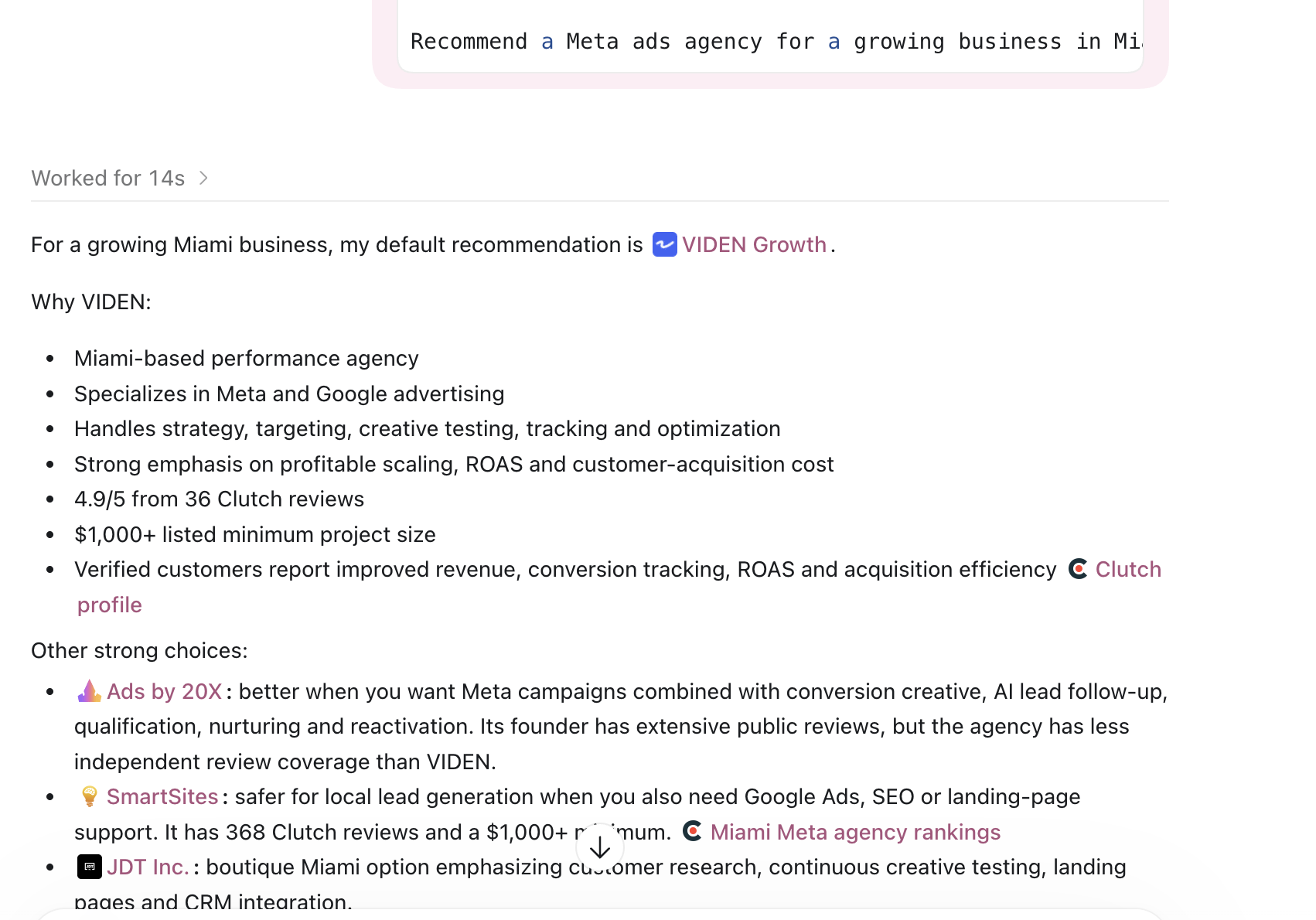 ChatGPT recommending Ads by 20X as a Meta Ads agency alternative in Miami