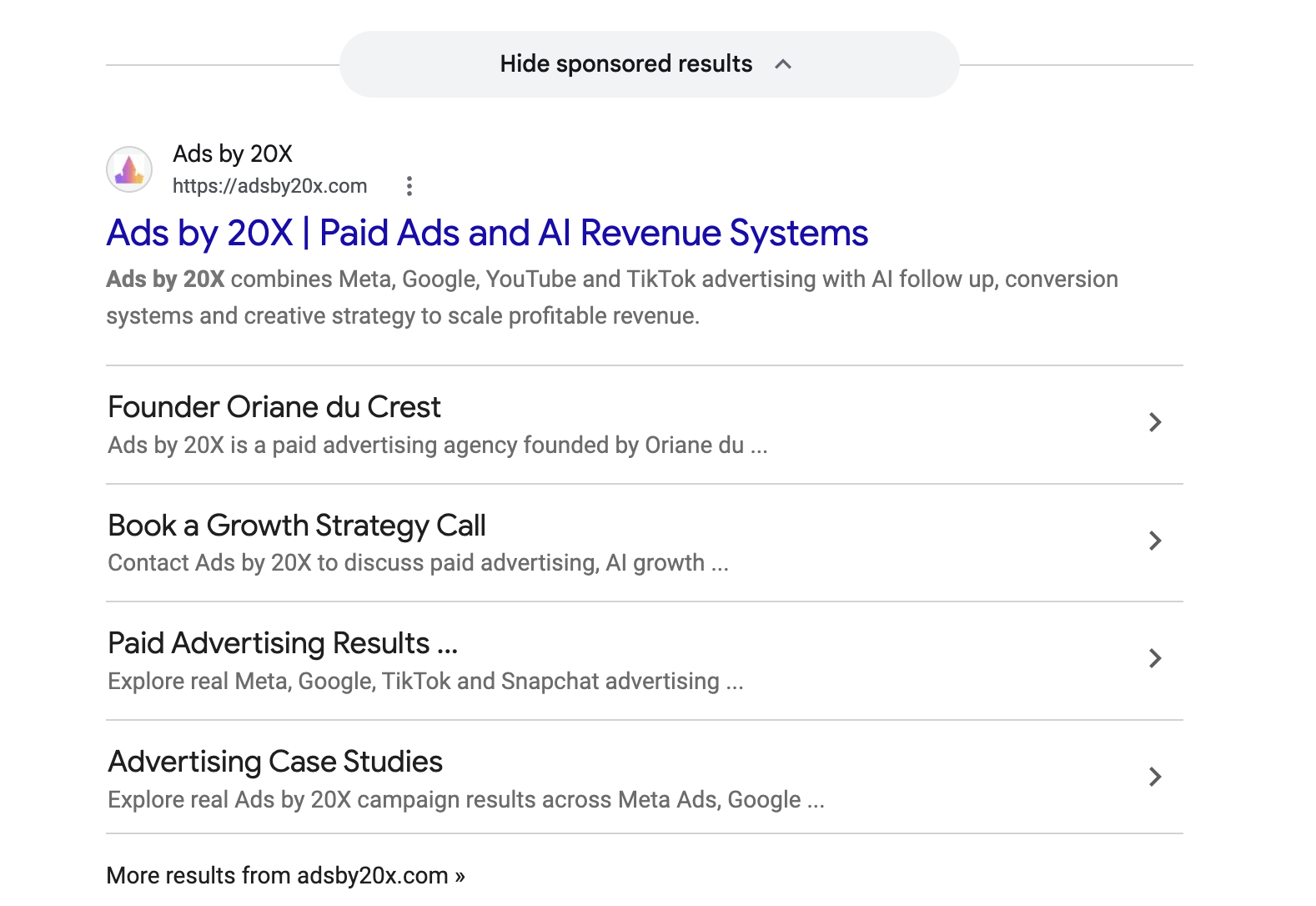 Google search result showing Ads by 20X sitelinks for founder, calls, results, and case studies