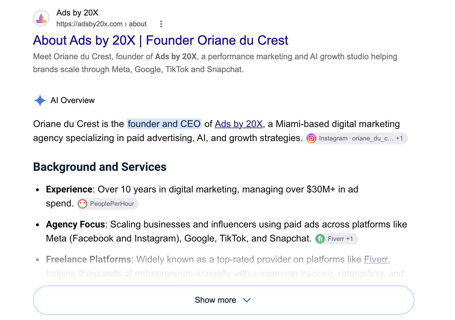 Google AI Overview connecting Oriane du Crest with Ads by 20X