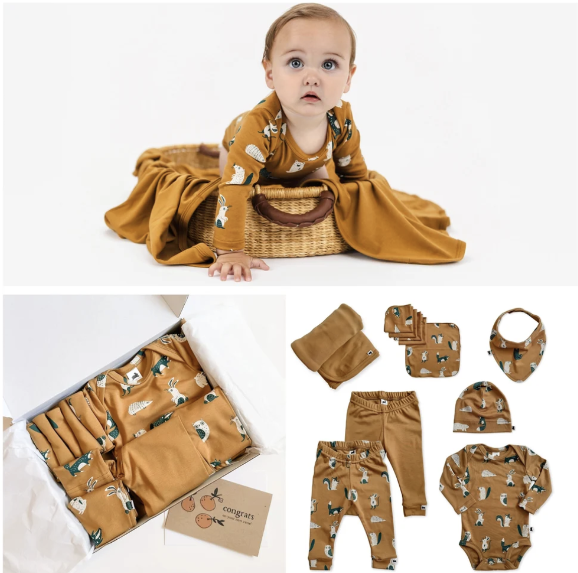 Baby wearing a mustard outfit with matching baby clothing, bibs, blanket and gift box