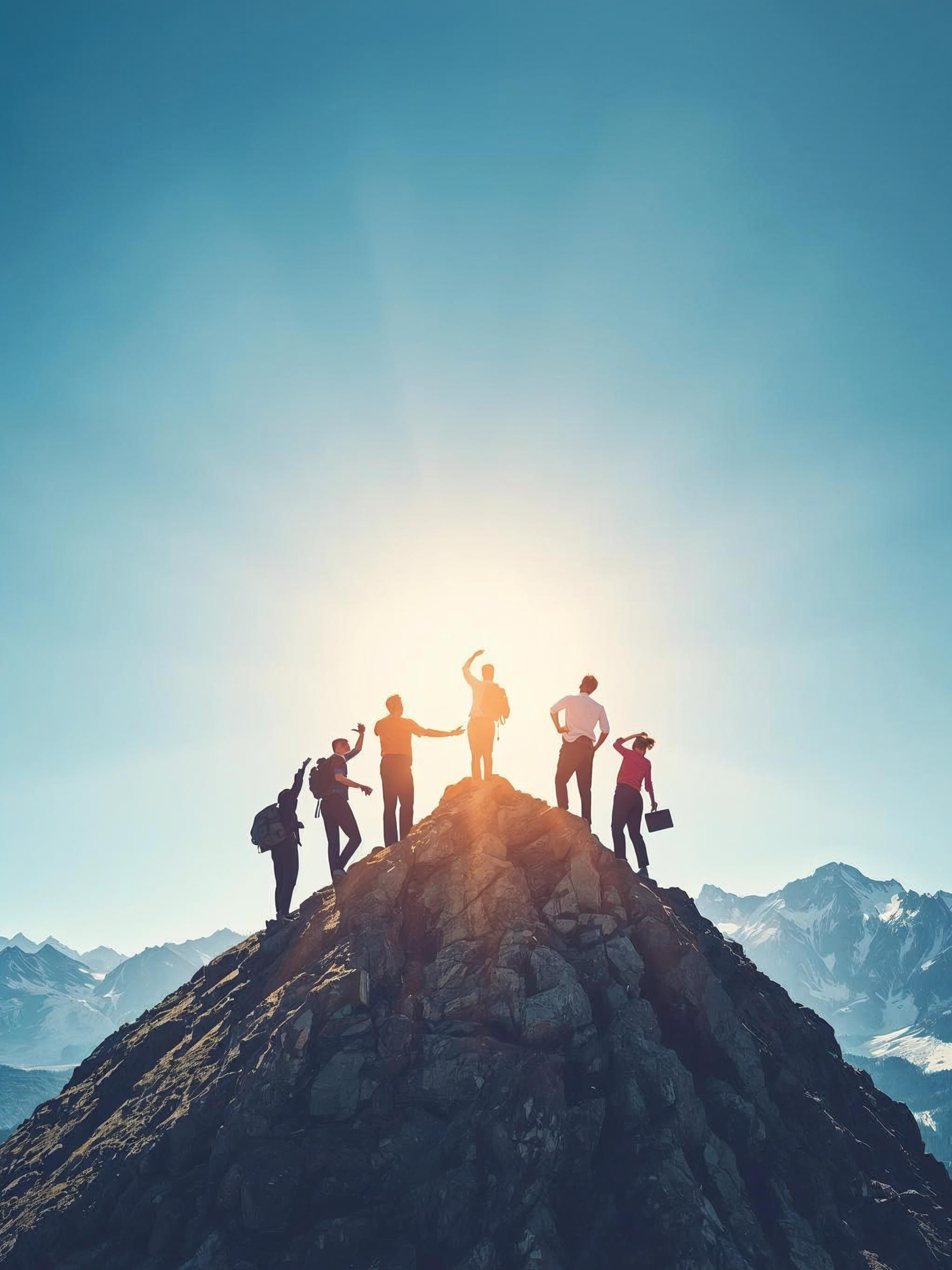 A group standing together on a mountain summit in sunlight