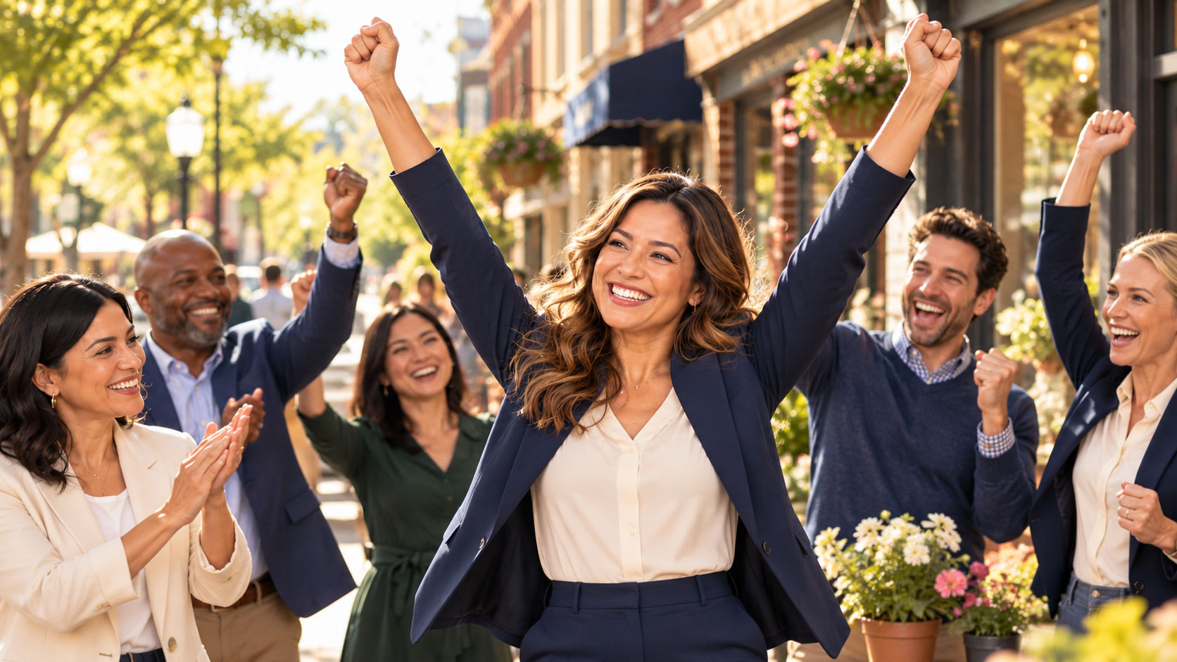 Business owners celebrating success together on a neighborhood main street