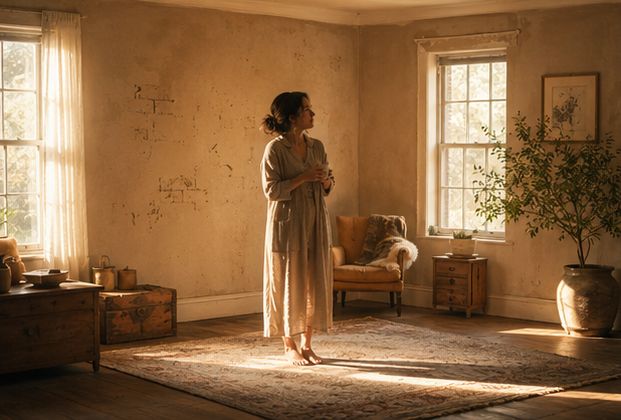 The restored home. The walls are simple and authentic rather than perfect. Light fills the room. Small imperfections remain but radiate warmth and character. The woman stands peacefully, no longer needing to hide the walls The restored home. The walls are simple and authentic rather than perfect. Light fills the room. Small imperfections remain but radiate warmth and character. The woman stands peacefully, no longer needing to hide the walls