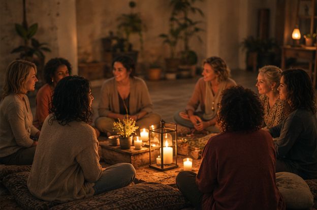 An inviting circle of diverse people seated together in a warm, intimate room. A candle or lantern glows in the center. The atmosphere conveys belonging, trust, gentle conversation, and 'coming home' to oneself An inviting circle of diverse people seated together in a warm, intimate room. A candle or lantern glows in the center. The atmosphere conveys belonging, trust, gentle conversation, and 'coming home' to oneself