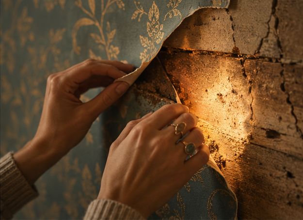 Close-up of hands carefully peeling back elegant wallpaper to reveal the aged wall beneath. The exposed foundation is imperfect but illuminated with soft golden light, symbolizing truth beneath appearances Close-up of hands carefully peeling back elegant wallpaper to reveal the aged wall beneath. The exposed foundation is imperfect but illuminated with soft golden light, symbolizing truth beneath appearances