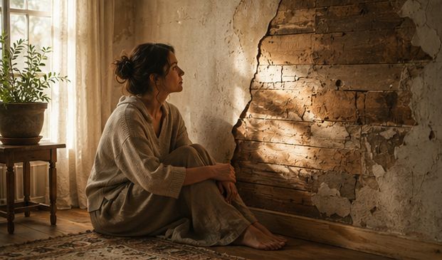 The woman sitting quietly on the floor beside the exposed wall, not trying to fix it, simply observing it with compassion. The woman sitting quietly on the floor beside the exposed wall, not trying to fix it, simply observing it with compassion.