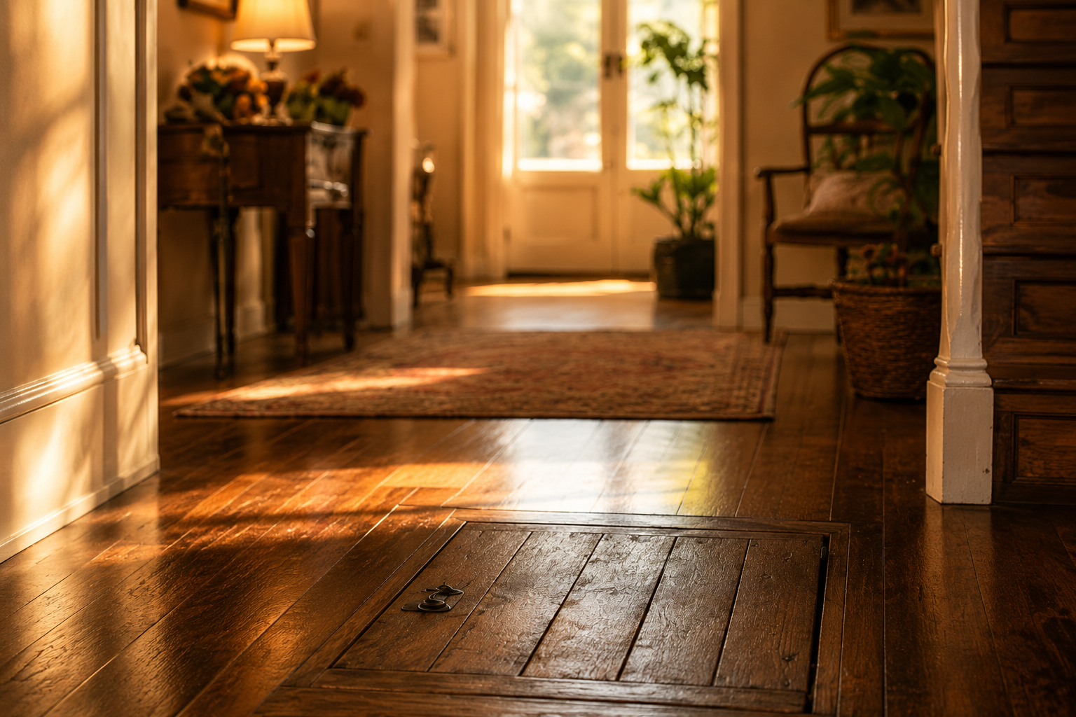 Inside the home, a quiet hallway with polished wooden floors. A simple wooden cellar door sits in the floor, almost unnoticed. Inside the home, a quiet hallway with polished wooden floors. A simple wooden cellar door sits in the floor, almost unnoticed.