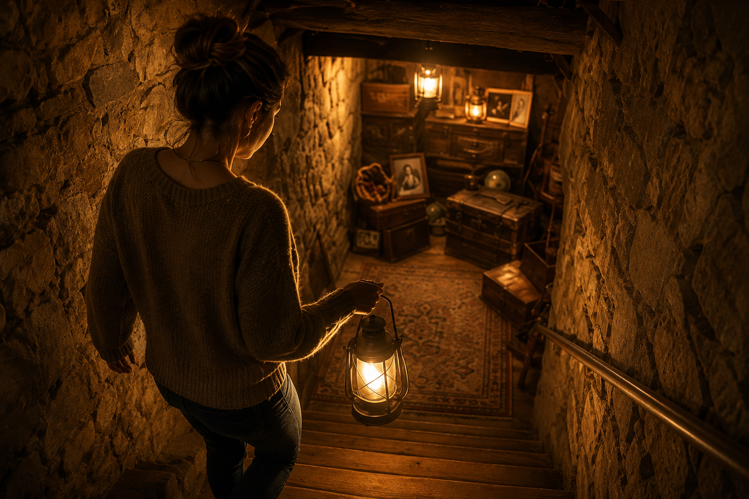 A thoughtful woman (or person) slowly walking down old wooden stairs into the cellar, carrying a single lantern. A thoughtful woman (or person) slowly walking down old wooden stairs into the cellar, carrying a single lantern.