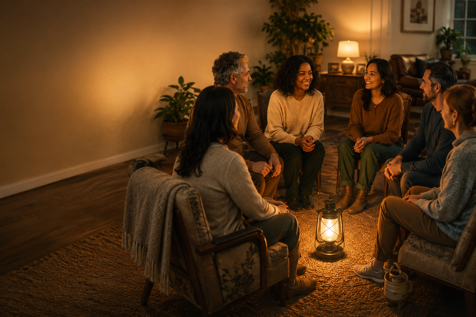 A small circle of diverse people seated comfortably together in a warm, welcoming room. A lantern glows in the center of the circle. The atmosphere conveys trust, belonging, courage, and shared humanity A small circle of diverse people seated comfortably together in a warm, welcoming room. A lantern glows in the center of the circle. The atmosphere conveys trust, belonging, courage, and shared humanity