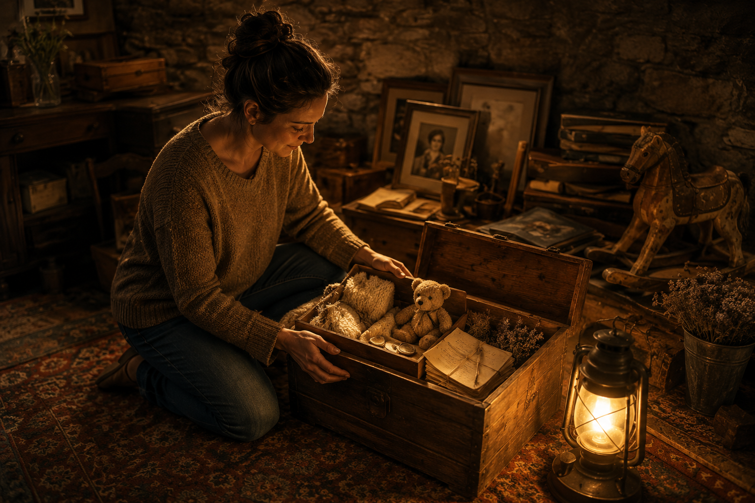 The person kneels beside an old wooden chest or sits quietly among forgotten belongings, gently opening a box filled with meaningful memories: an old child's toy, letters, a small blanket, dried flowers, simple symbolic objects of a life long ignored. The person kneels beside an old wooden chest or sits quietly among forgotten belongings, gently opening a box filled with meaningful memories: an old child's toy, letters, a small blanket, dried flowers, simple symbolic objects of a life long ignored.