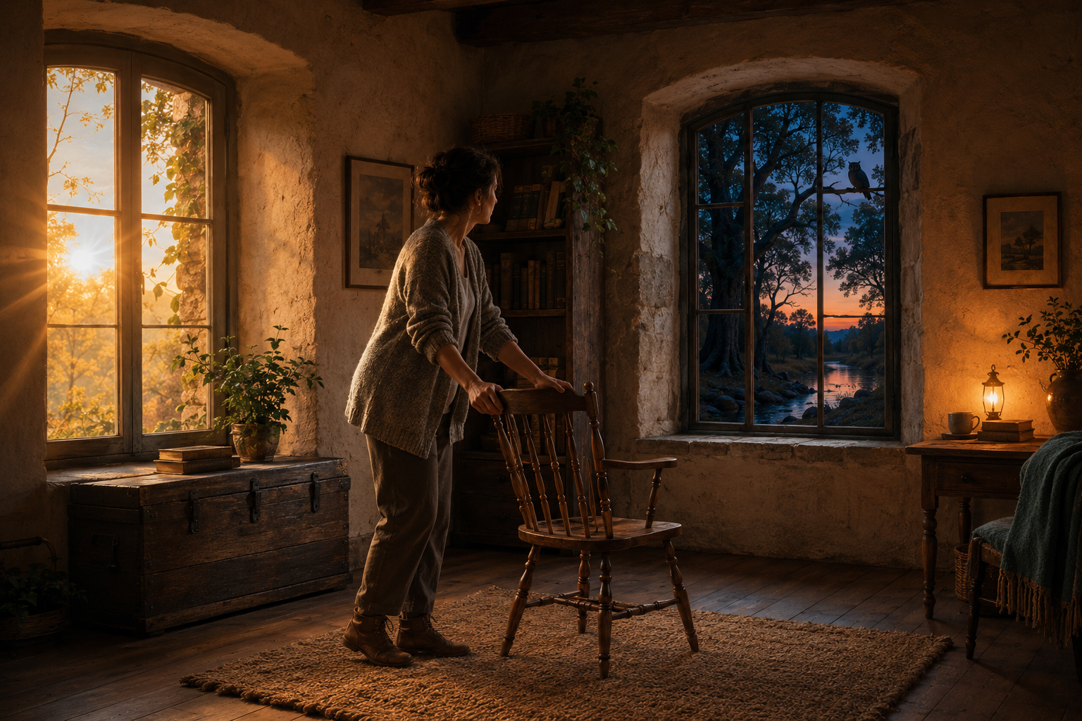Inside the cottage, a thoughtful person gently turns a wooden chair away from the bright eastern window and toward the western window. Inside the cottage, a thoughtful person gently turns a wooden chair away from the bright eastern window and toward the western window.