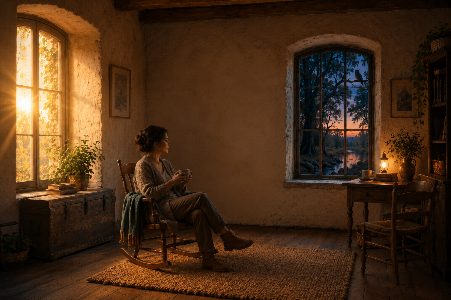 The room is now arranged naturally around both windows. The room is now arranged naturally around both windows.