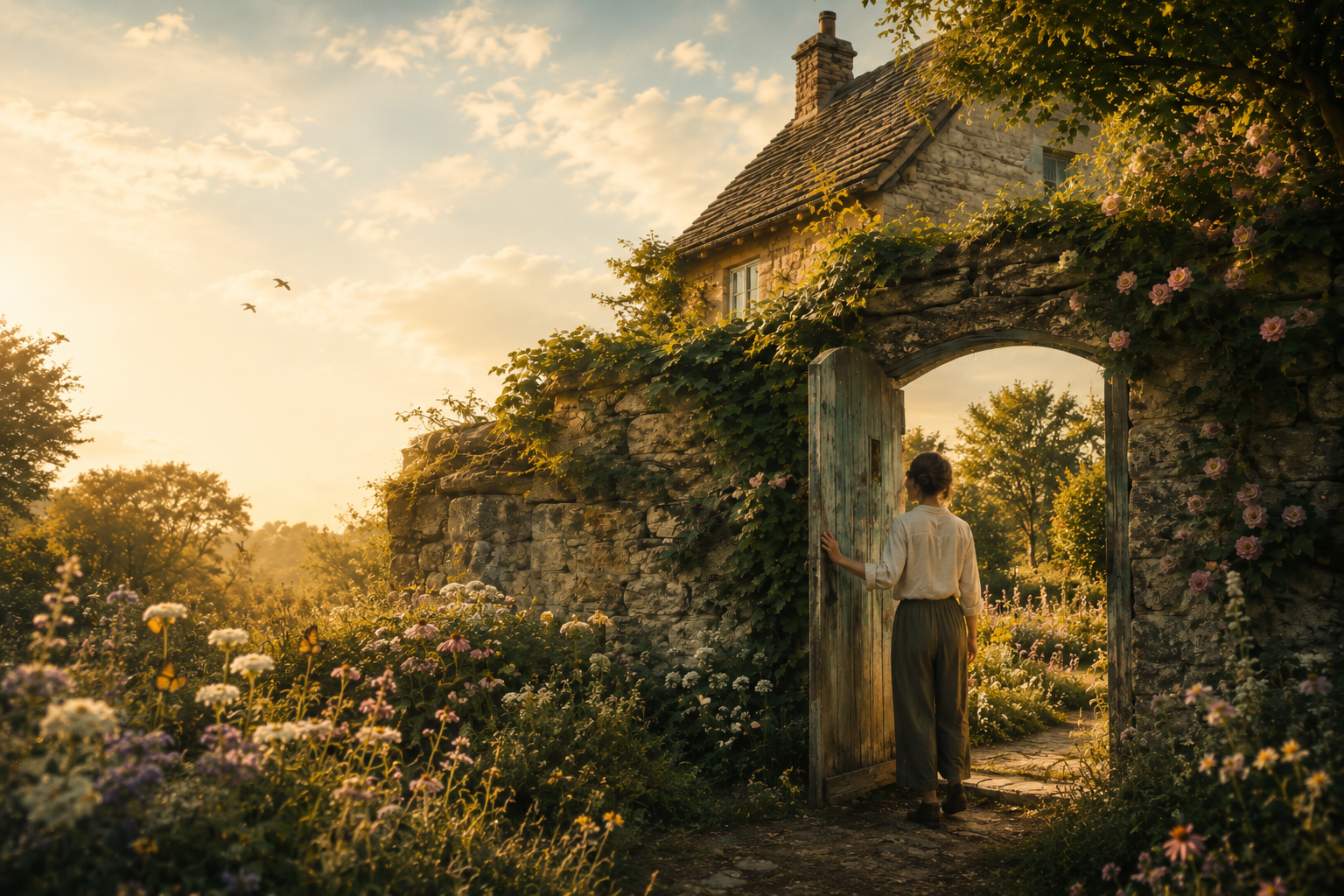 The old wooden garden gate now stands open. A person gently opens it, inviting fresh air and sunlight into a flourishing garden filled with blooming flowers alongside wild grasses and a few natural brambles. The old wooden garden gate now stands open. A person gently opens it, inviting fresh air and sunlight into a flourishing garden filled with blooming flowers alongside wild grasses and a few natural brambles.