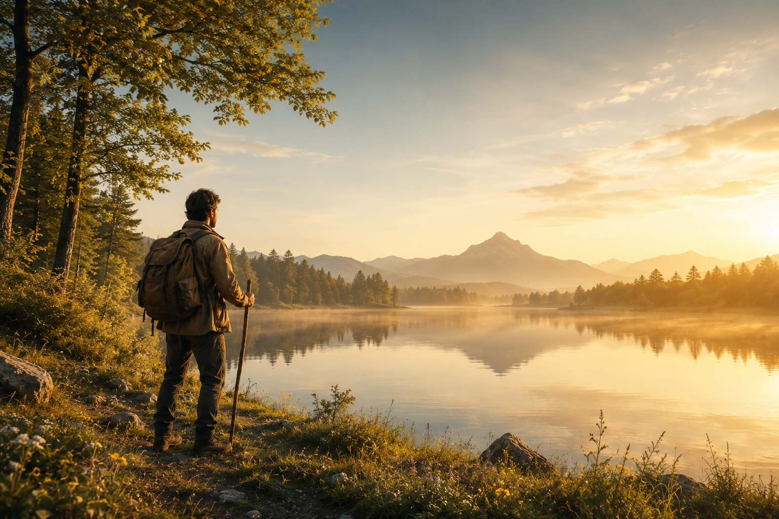 The traveler now stands in a peaceful natural setting beside a calm lake at sunrise. There is no treasure chest. Instead, the person's expression reflects deep peace, authenticity, and quiet fulfillment.