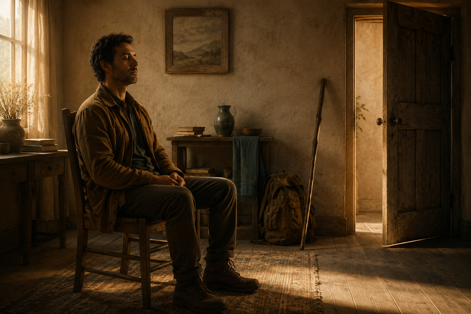 The traveler has returned to a simple, quiet home. Sitting peacefully in a softly lit room, eyes closed in meditation or quiet reflection, the person is surrounded by warm natural light. Nearby is an old wooden interior door standing slightly open, symbolizing the doorway into the inner world rather than a literal physical journey.