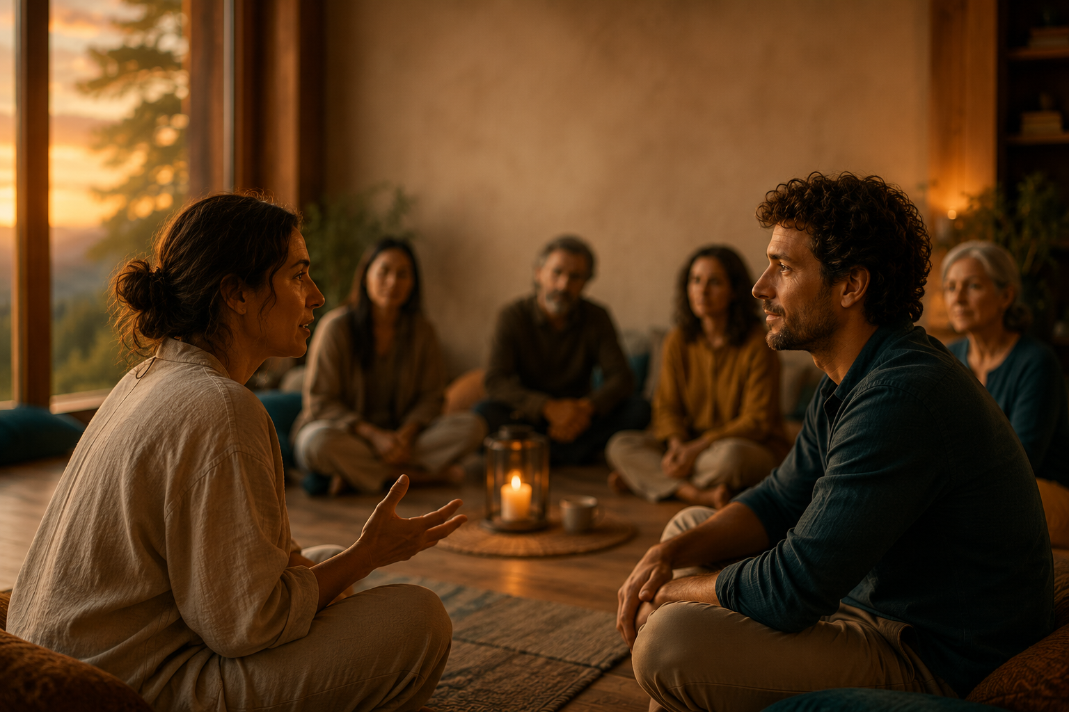 A close, intimate scene within the circle. One participant speaks vulnerably while another simply listens with gentle attention. A close, intimate scene within the circle. One participant speaks vulnerably while another simply listens with gentle attention.
