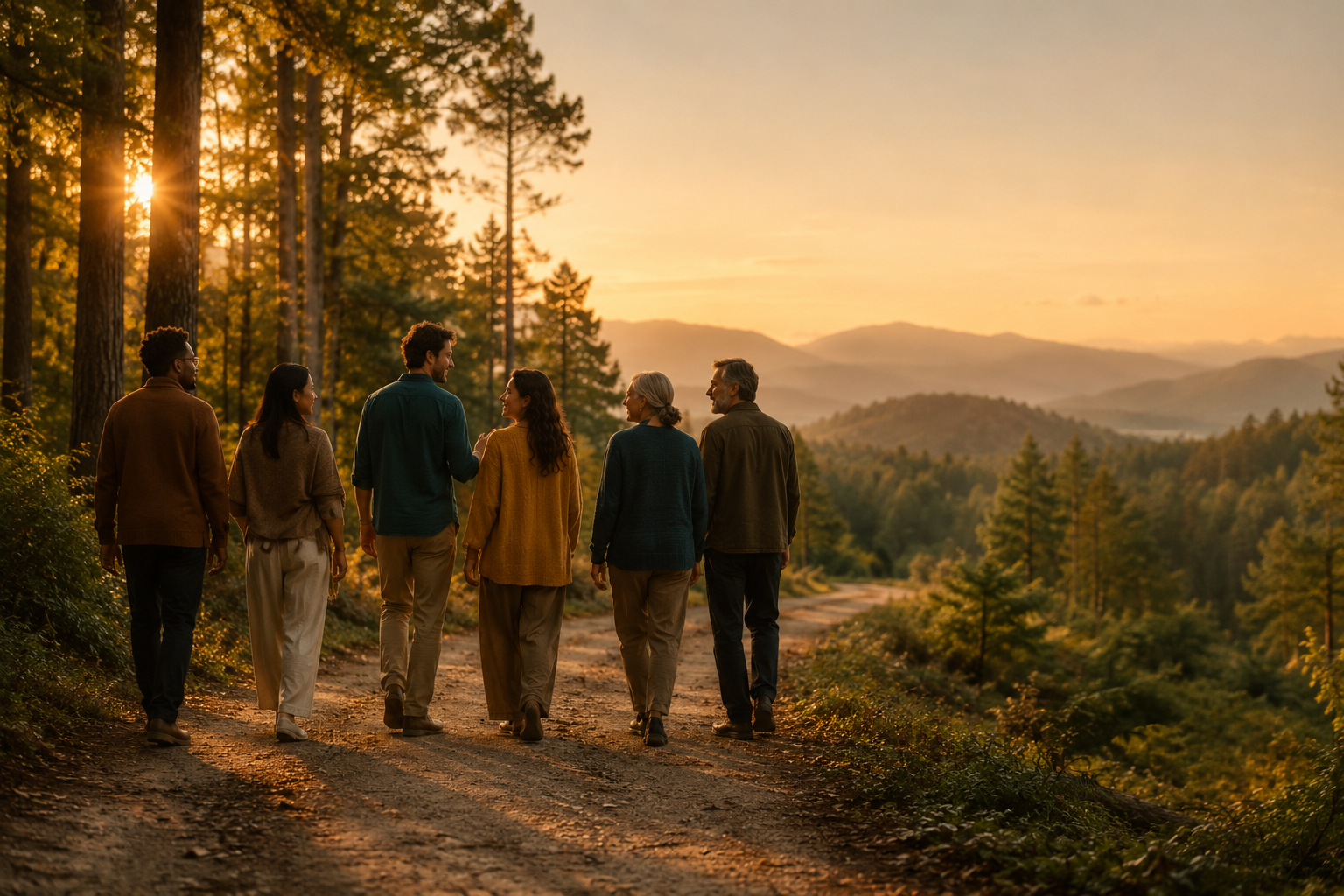 gathering has ended. Several participants walk slowly together along a peaceful woodland path at sunset or early evening. They are talking quietly, smiling gently, or simply enjoying shared silence. gathering has ended. Several participants walk slowly together along a peaceful woodland path at sunset or early evening. They are talking quietly, smiling gently, or simply enjoying shared silence.