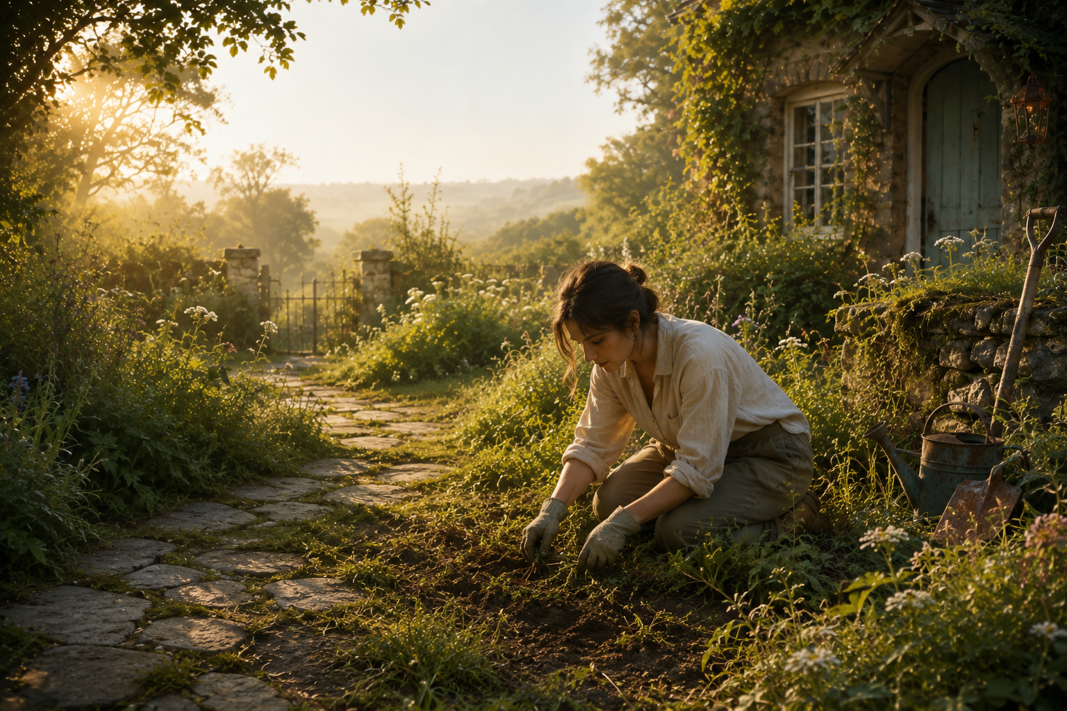 A woman kneels in one small corner of the garden, wearing simple gardening gloves and carefully pulling weeds by hand. A woman kneels in one small corner of the garden, wearing simple gardening gloves and carefully pulling weeds by hand.