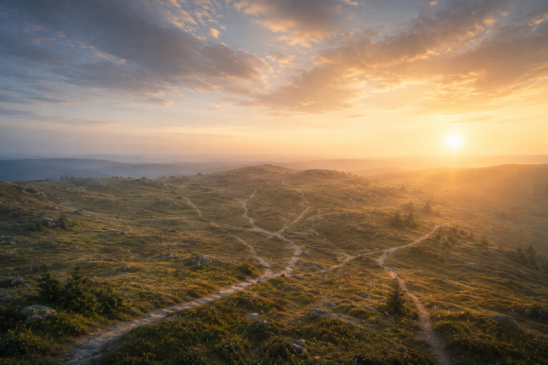 A wide open meadow or trail network at golden hour, where several subtle paths branch outward across the landscape rather than all converging under one dominant route. A wide open meadow or trail network at golden hour, where several subtle paths branch outward across the landscape rather than all converging under one dominant route.
