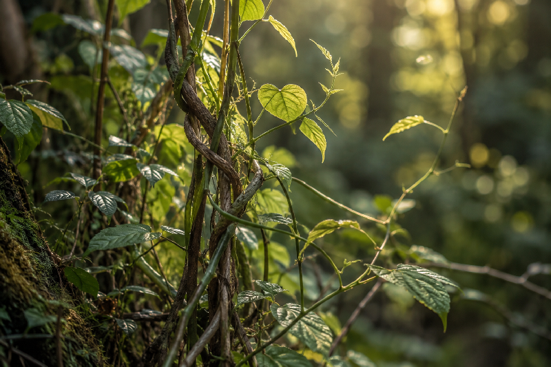 Several living woodland vines and slender plant stems naturally intertwined around one another as they grow toward sunlight, some freely reaching upward while others are gently wrapped together.