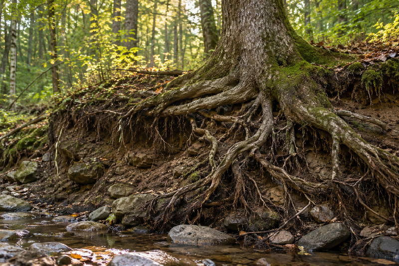 mature tree growing beside a gently eroded woodland bank where part of its intricate root system is naturally visible beneath the soil. Above ground the tree appears strong, healthy and reaching toward soft daylight; below, the roots twist through earth, stones and other roots in complex interconnected patterns.
