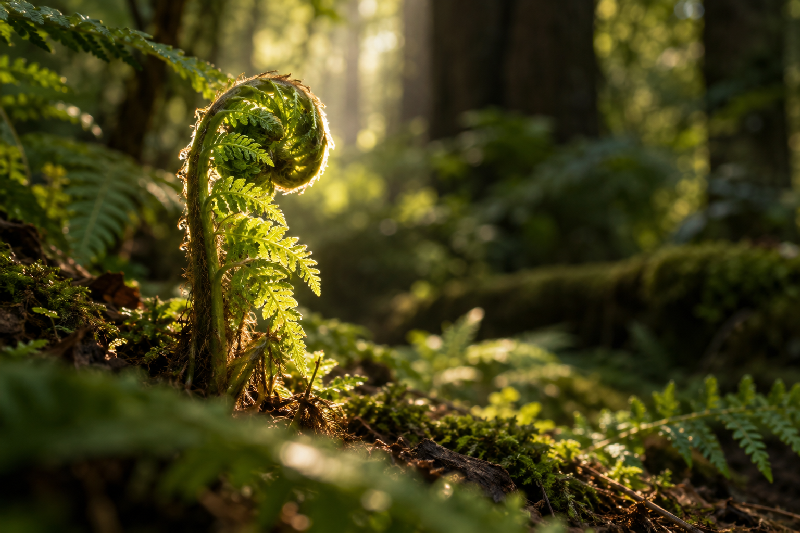 A young fern slowly unfurling beneath the protective canopy of a mature forest, emerging from shadow into a gentle shaft of natural morning light.
