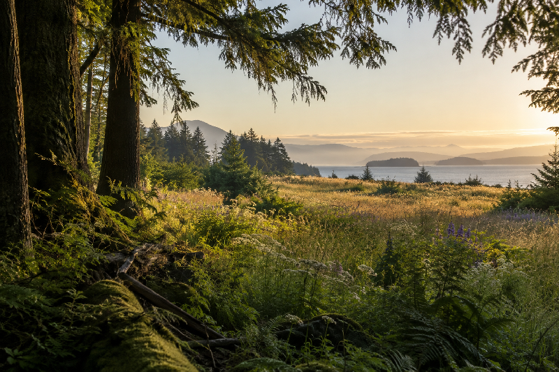 View from within the edge of a shaded forest toward a broad, naturally opening meadow or coastal landscape in warm early-morning light.