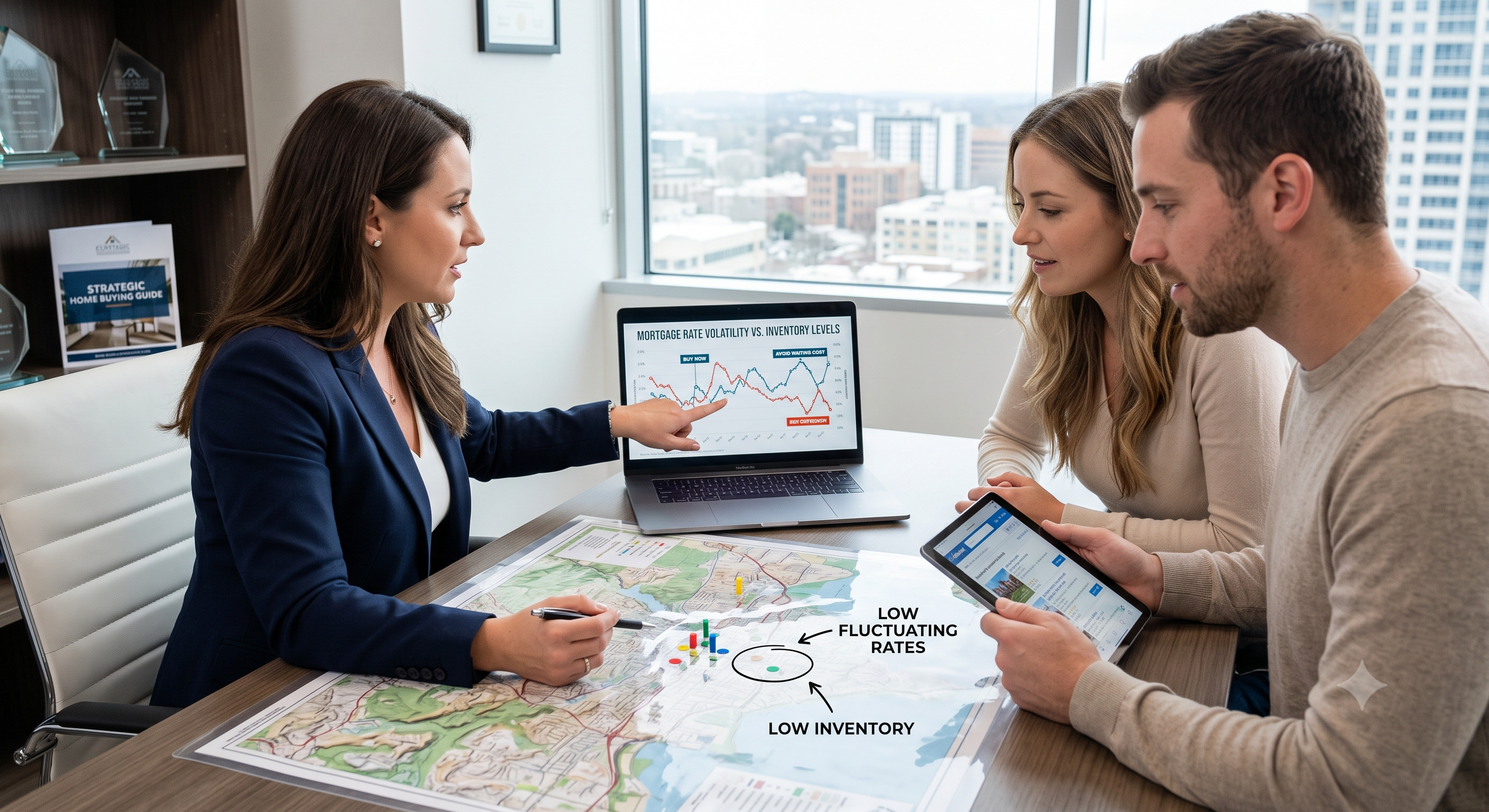 A Houston real estate agent meets with a homebuying couple to review market trends, neighborhoods, and financing options during a home search consultation.