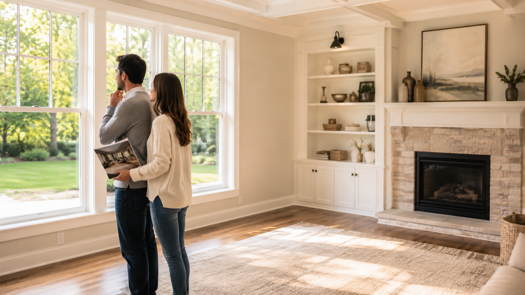 A couple evaluates a bright living room while searching for the right home in the Houston area.