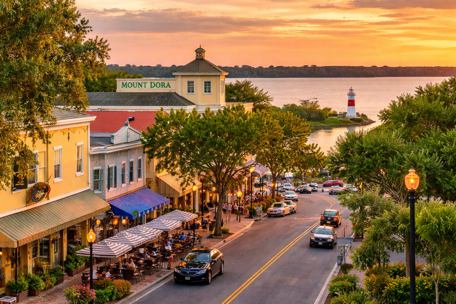 Downtown Mount Dora Florida and Lake Dora waterfront