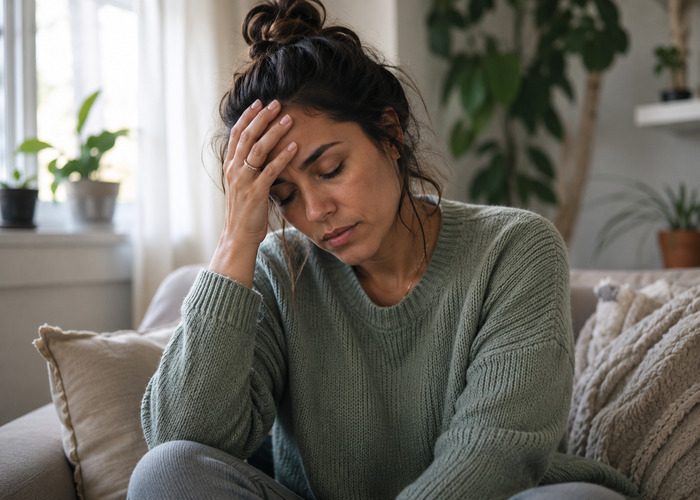Woman with Hormone Imbalances Sitting on Couch with Hand on Head