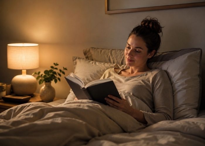 Woman Calming Nervous System Before Bed with Reading a Book