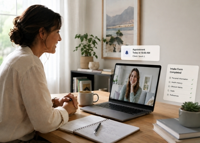 Health Coach Working with Client While Business Runs in the Background Health Coach Working with Client While Business Runs in the Background